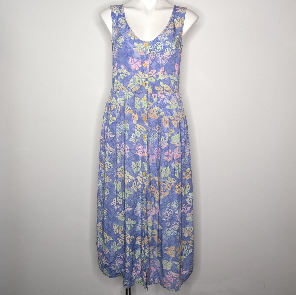 Vintage Pelican Cove Blue Pink Green Floral Butterfly Button Up Dress S